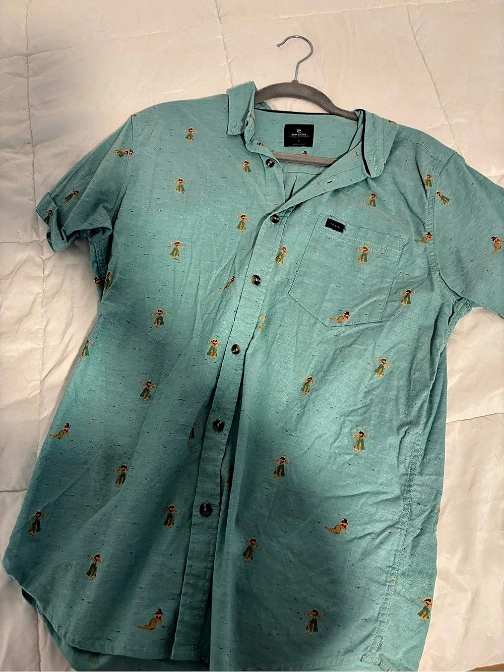 Rip Curl Hula Girl Print Short Sleeve Button Down Shirt in Blue